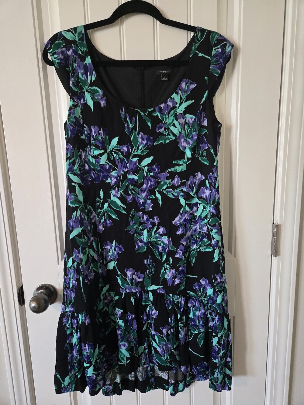 Ann Taylor Black Midi Dress with Purple & Teal Floral Print